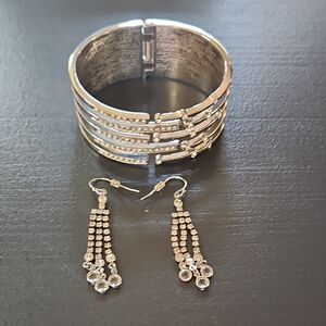 Nadri/Eliot Danori Elegant wide-cuffed crystal & Silver Bracelet and Earring Set